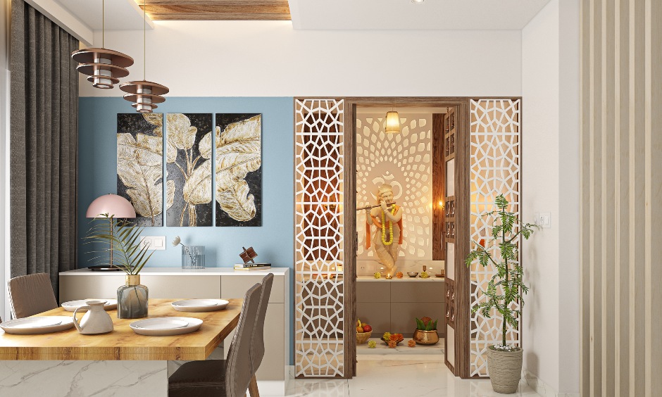 Pooja room design in contemporary style with carved wooden doors and hanging bells