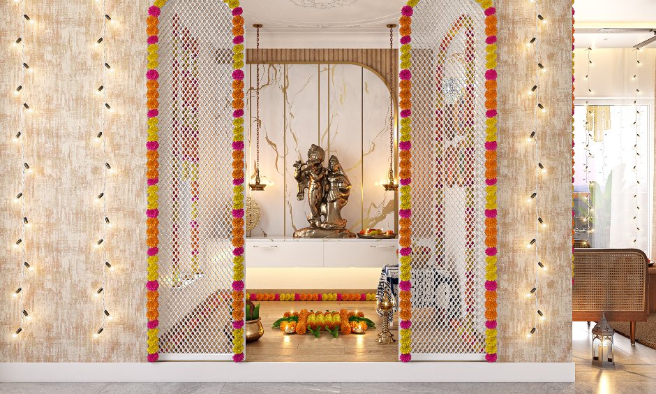 Pooja room design with accent wall blending marble and wood panelling